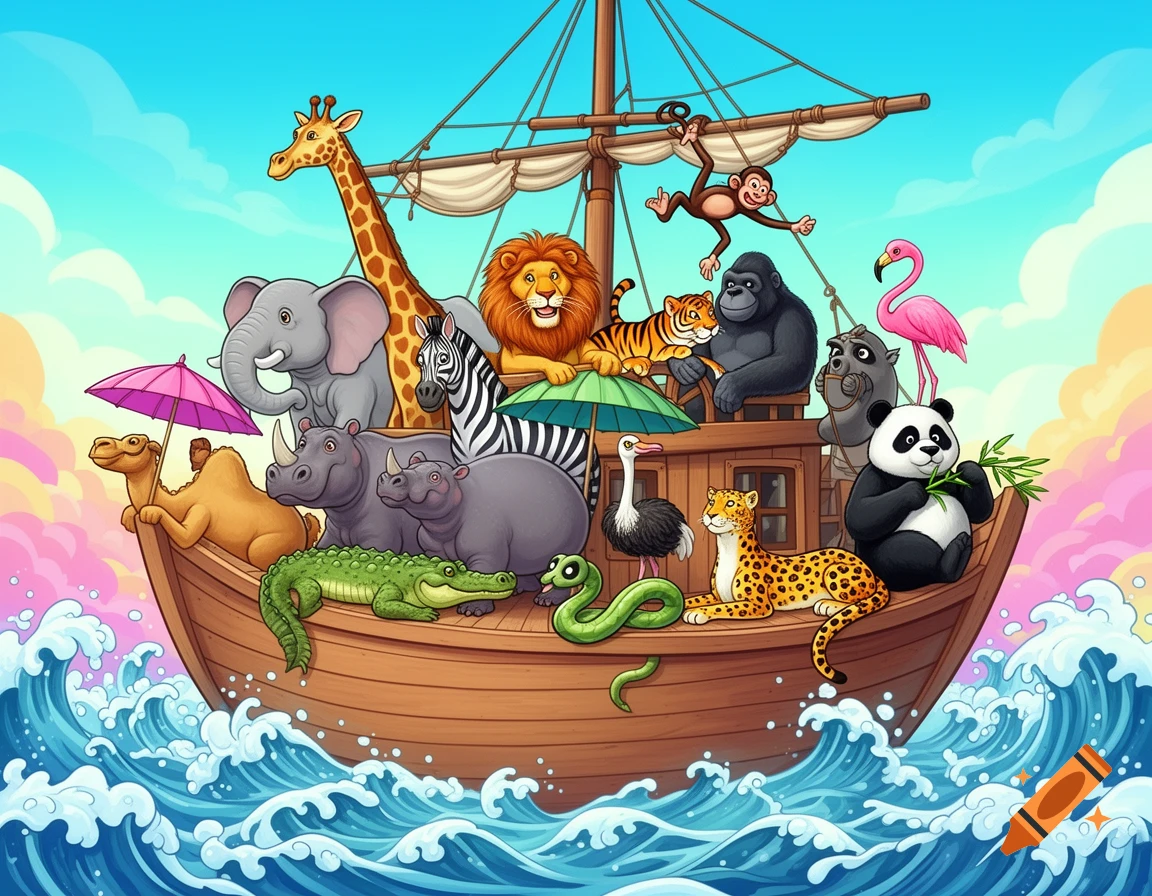 A vibrant cartoon Noah's Ark filled with diverse animals including elephants, giraffes, lions, rhinos, and pandas, sailing on blue waves.