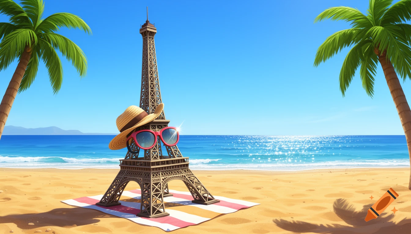 Cartoon Eiffel Tower with a straw hat and red sunglasses sunbathing on a striped towel at a sunny beach with palm trees and blue sea.