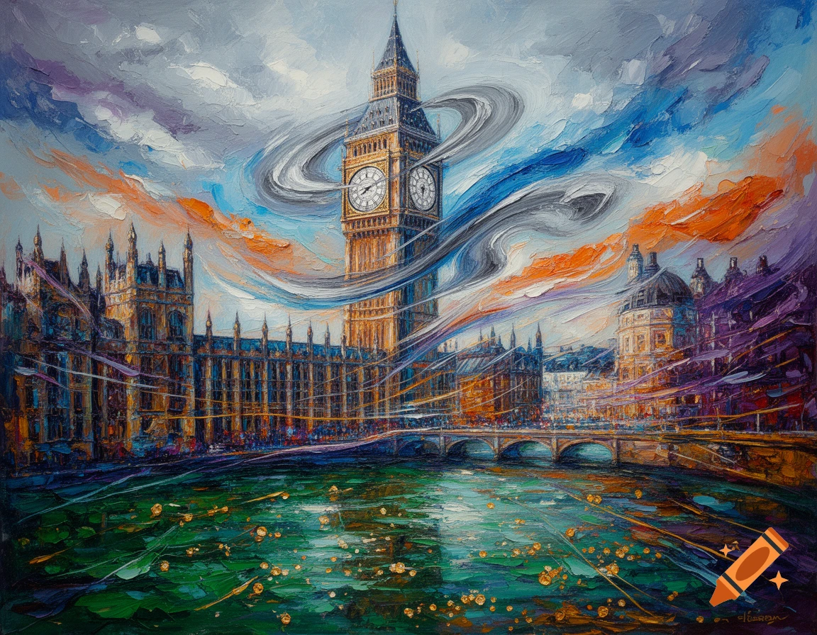 Vibrant abstract oil painting of London's Big Ben, Houses of Parliament, and Westminster Bridge over a green river.