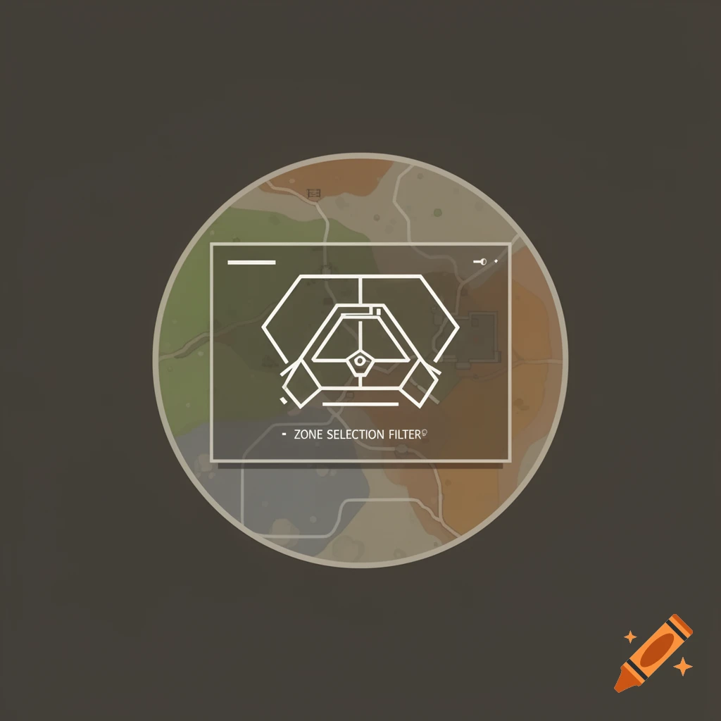 A circular gaming icon with a stylized map and a white 'ZONE SELECTION FILTER' overlay.