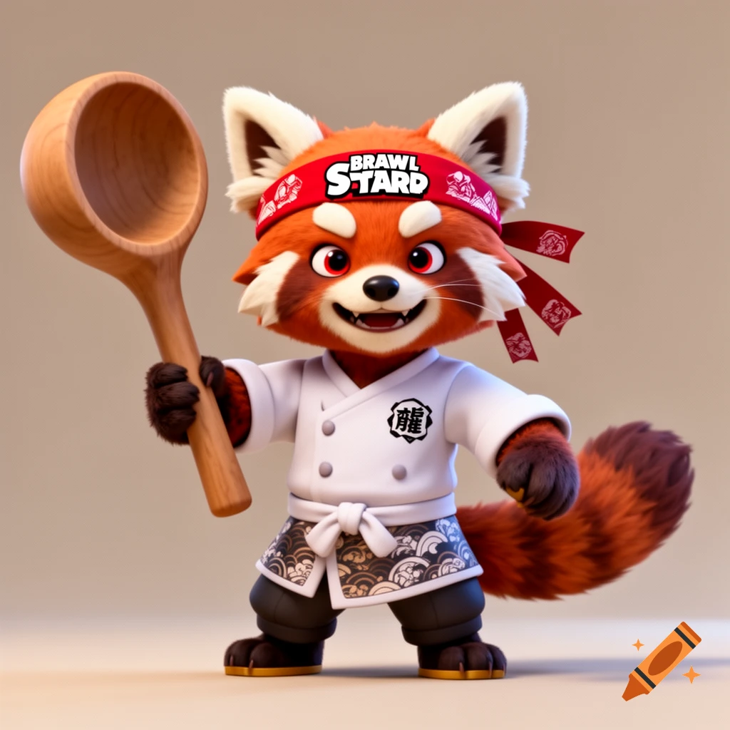A 3D cartoon red panda chef wearing a red headband with 'BRAWL STARD' text, a white chef's coat, and holding a large wooden ladle.