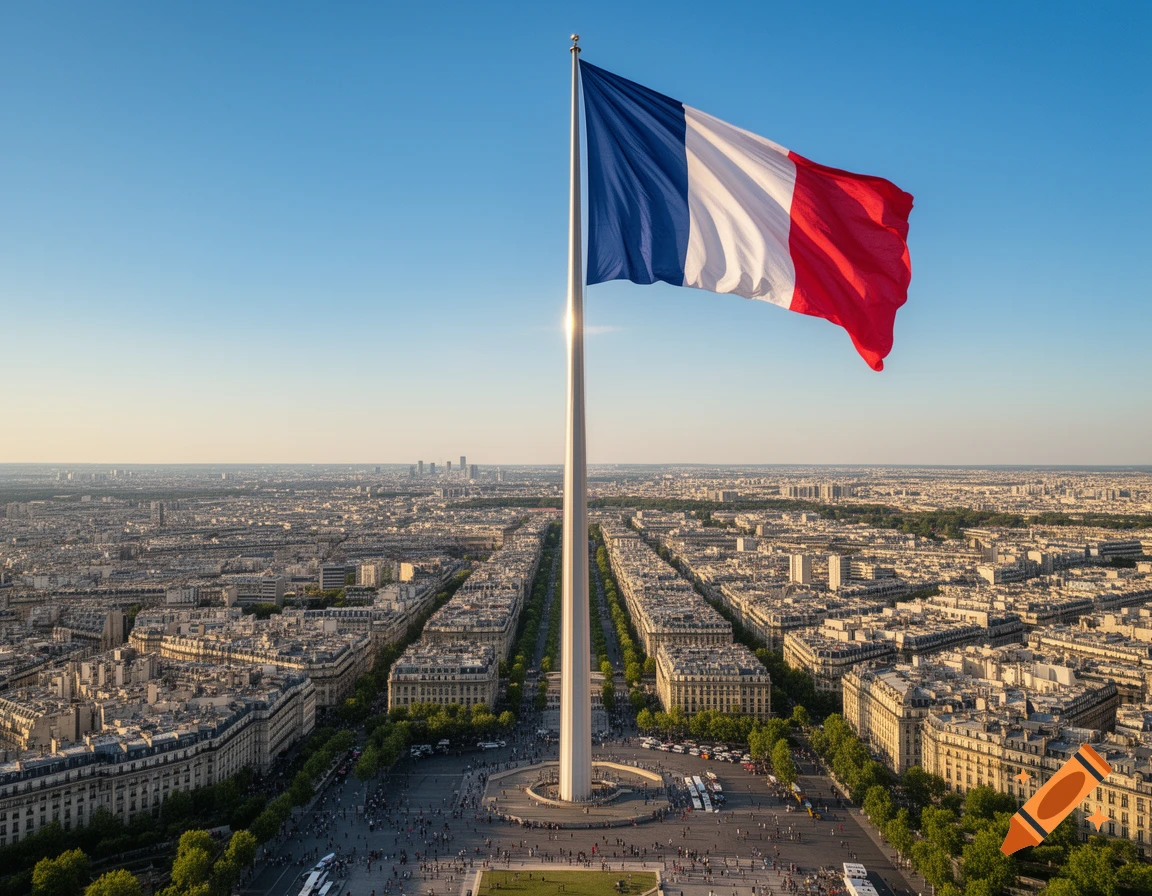 A large French flag on a tall flagpole overlooks the sprawling cityscape of Paris under a clear blue sky at sunset.
