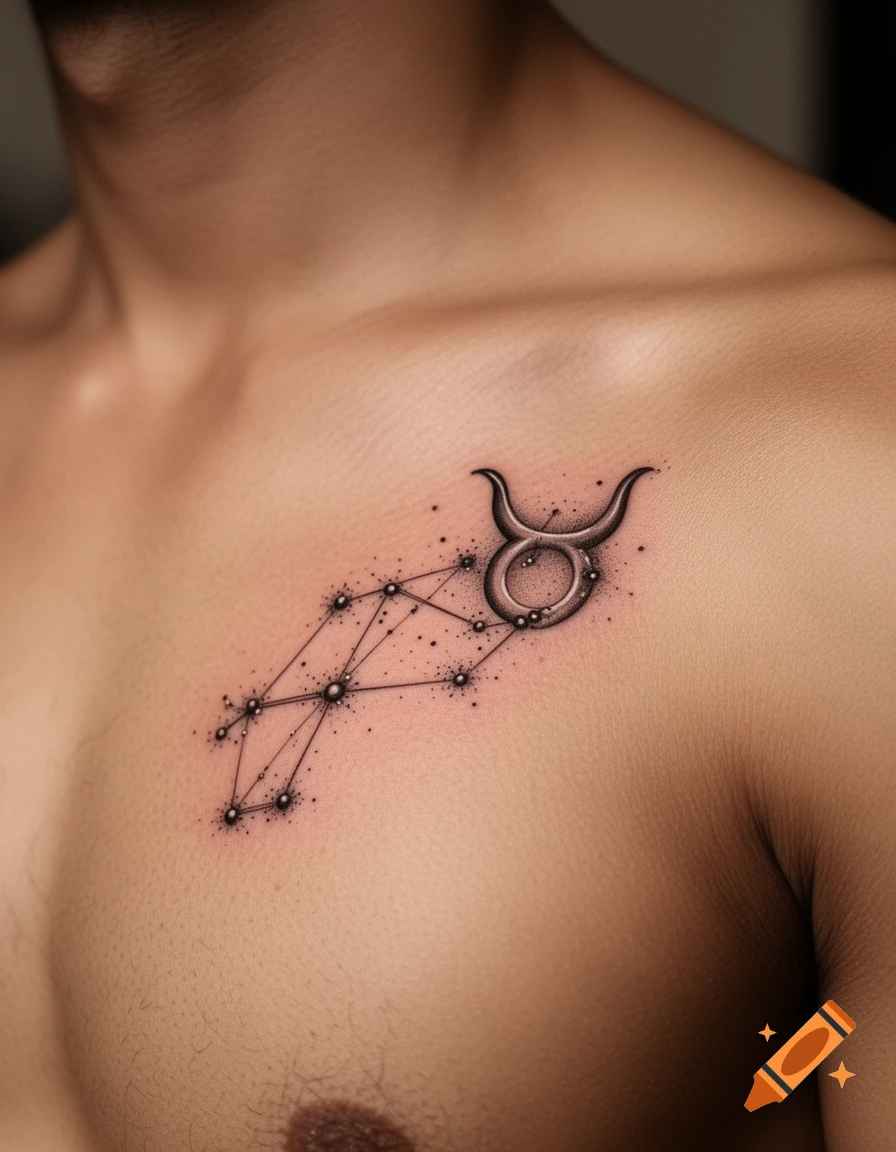 Close-up of a Taurus constellation tattoo with fine lines and shading on a person's left chest.