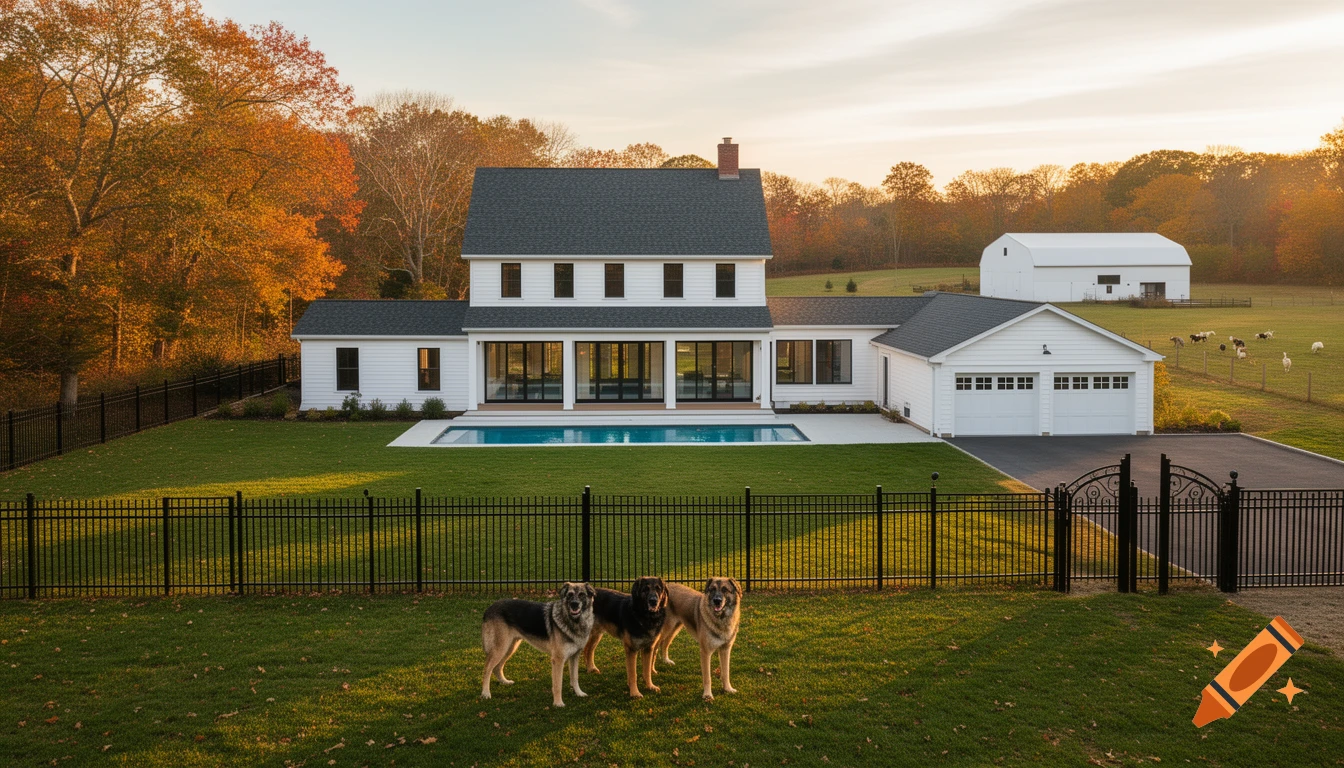 Luxurious white modern farmhouse with pool, garage, and three dogs. Autumn landscape with barn and farm animals.