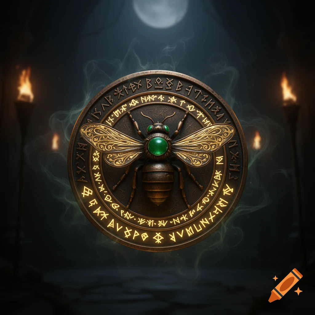 A dark fantasy bronze medallion with a detailed bee, emerald eyes, and gold wings, encircled by glowing runes, on a smoky, moonlit background.