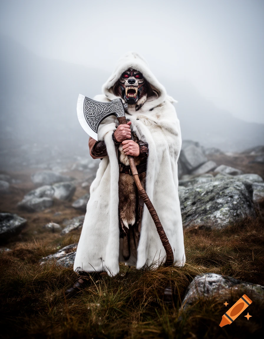 A figure in a white fur cloak and a fearsome wolf-like mask stands in a misty, rocky landscape, holding a large ornate axe.