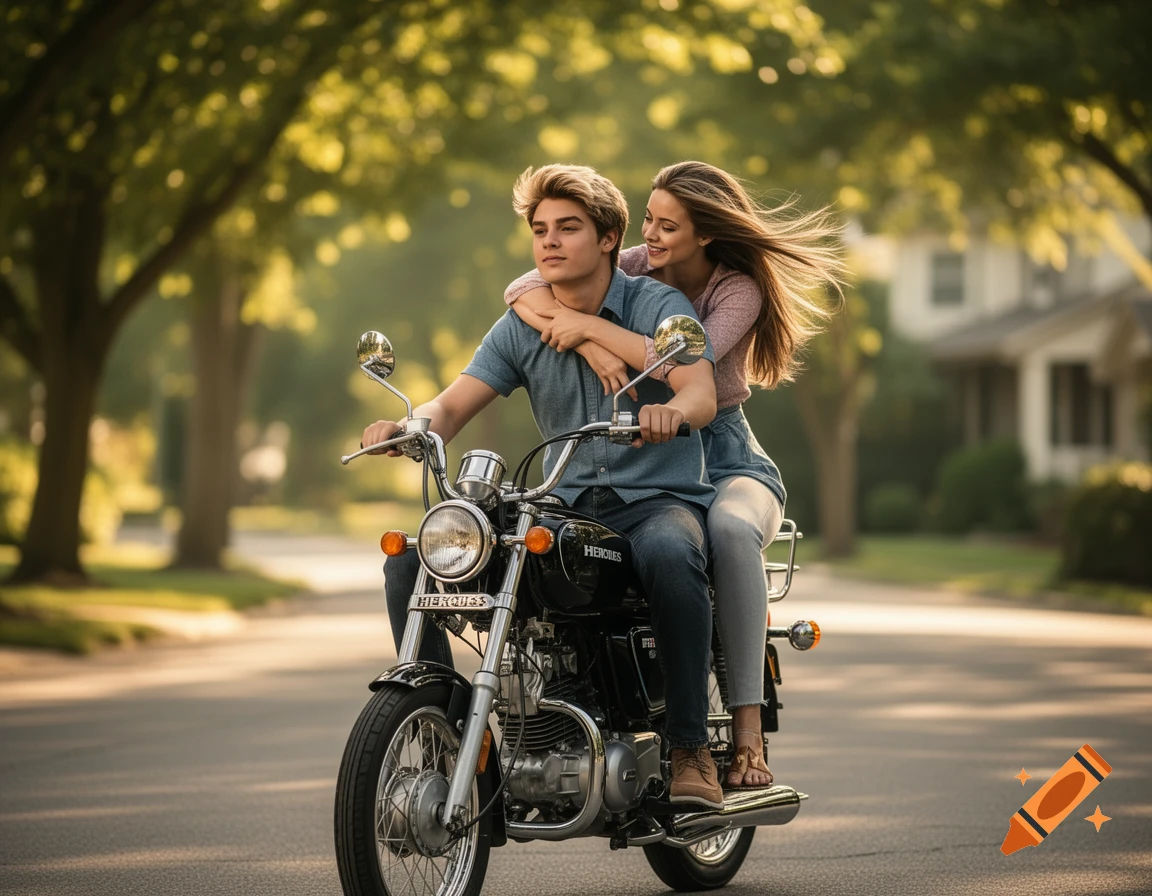 A young man and woman riding a black motorcycle down a tree-lined suburban street, photorealistic style.