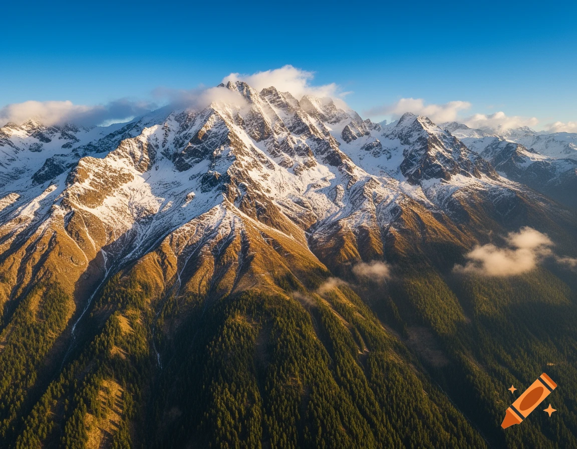 Snow-capped mountains with green forests on their slopes, under a clear blue sky with white clouds around the peaks. Photorealistic.