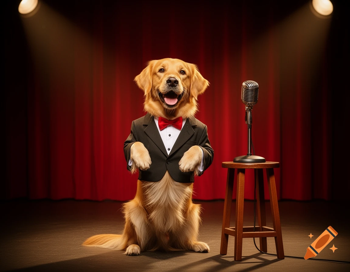A photorealistic Golden Retriever in a tuxedo and red bow tie stands on a spotlighted stage with a vintage microphone.
