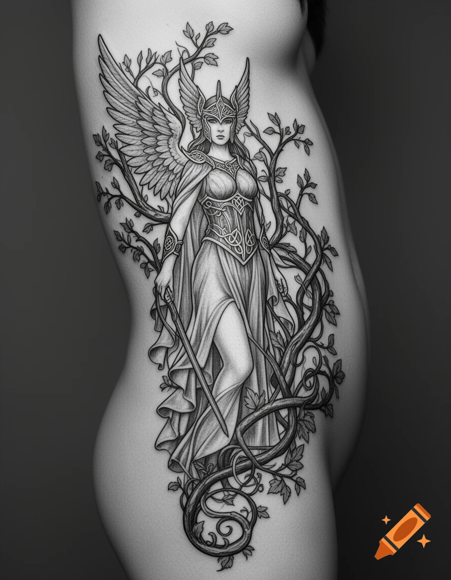 Grayscale tattoo of a winged Valkyrie in a helmet and flowing dress, holding a sword, amidst twisting branches, on a person's torso in profile.