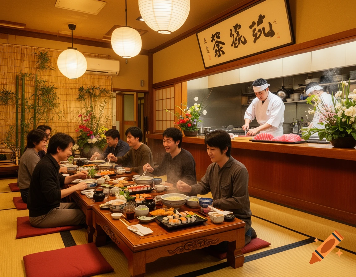 People gather around a traditional wooden table in a Japanese restaurant, enjoying sushi and other dishes. Chefs prepare food in the open kitchen behind them.