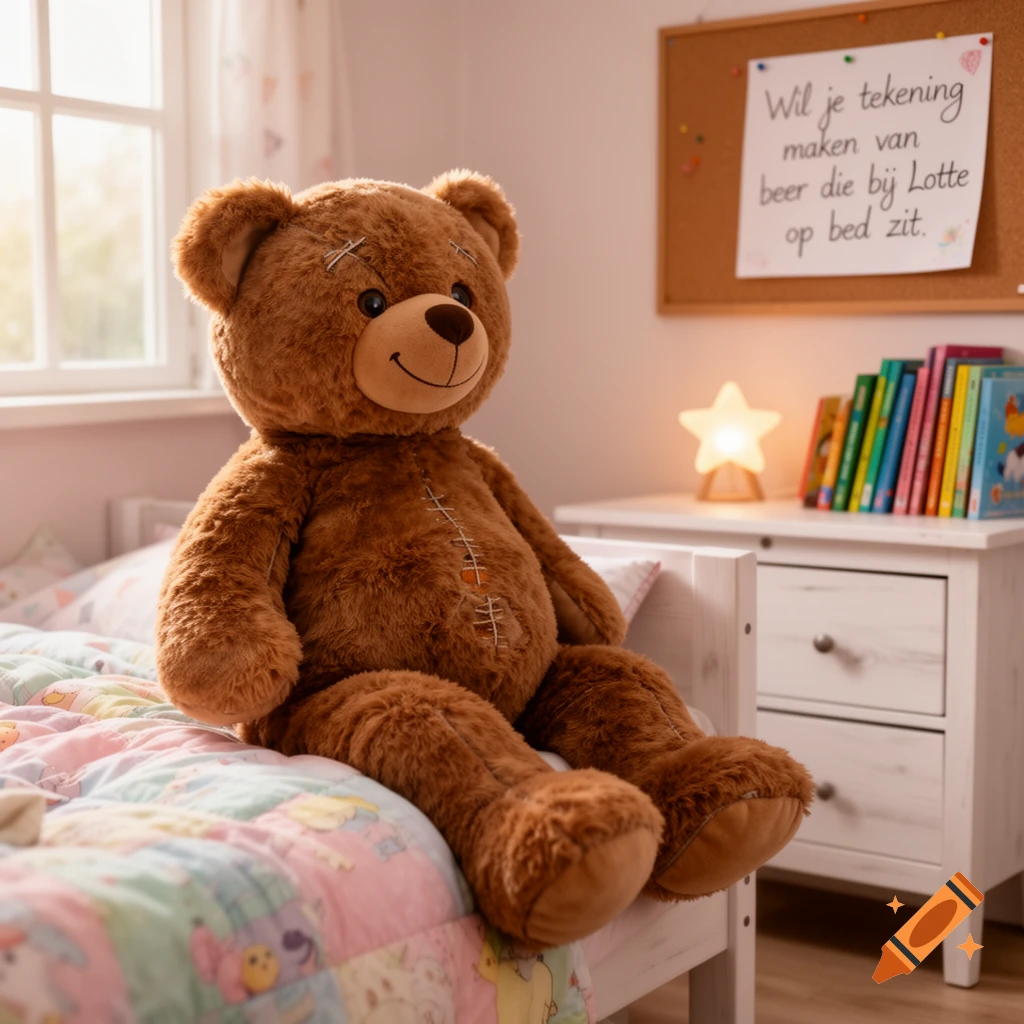 A large brown teddy bear sits on a colorful quilted bedspread in a brightly lit child's room, next to a white nightstand.