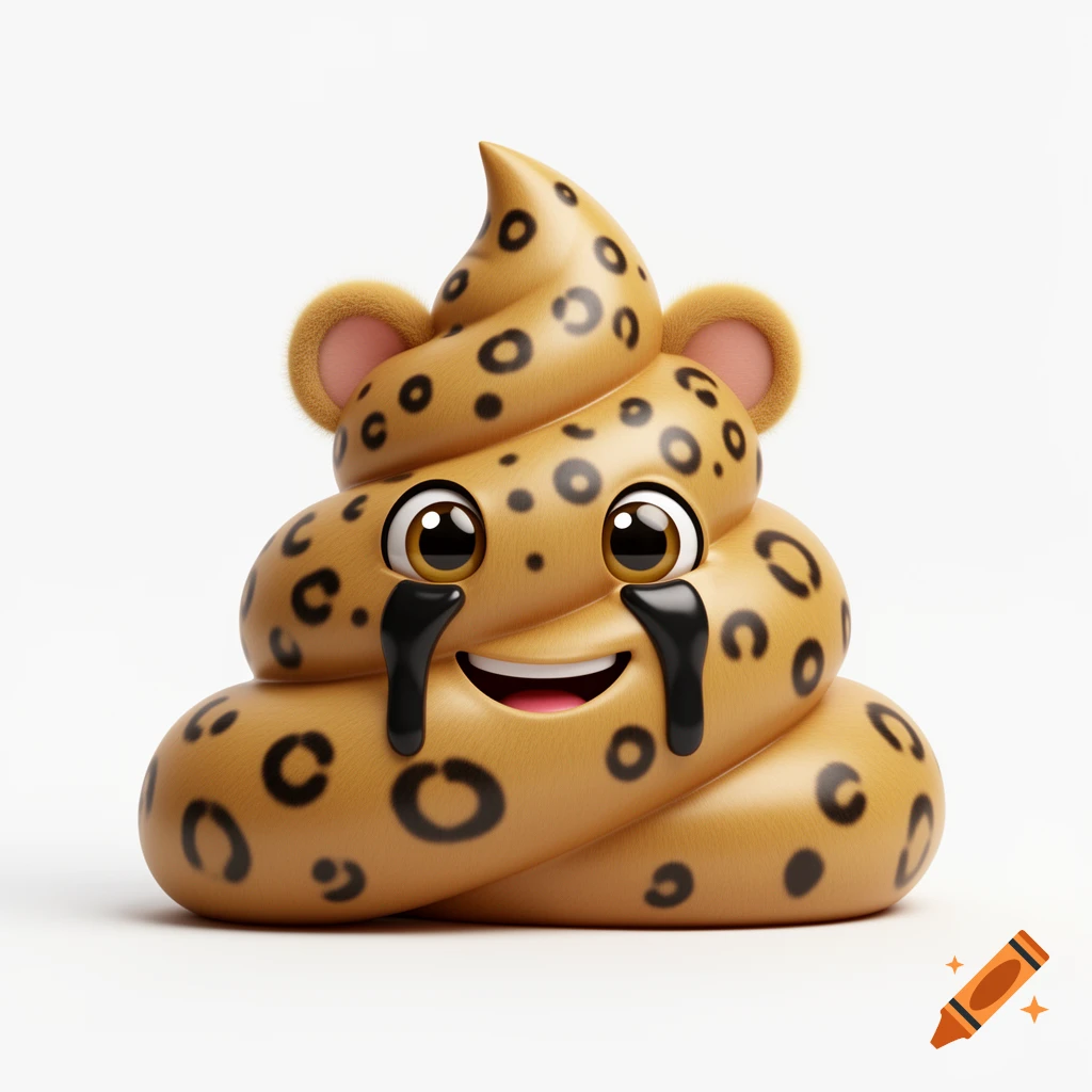 A 3D digital illustration of a cheerful poop emoji character with cheetah fur, spots, ears, and black tear stripes.