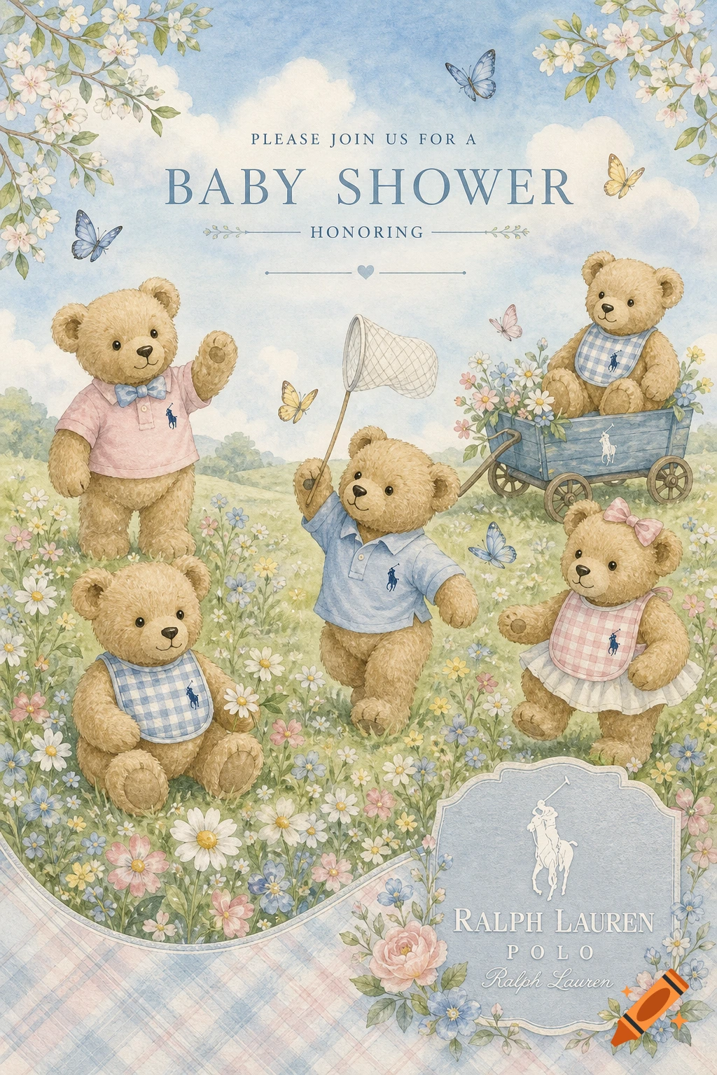 Watercolor illustration of teddy bears in a field of flowers, with text for a baby shower invitation and Ralph Lauren branding.