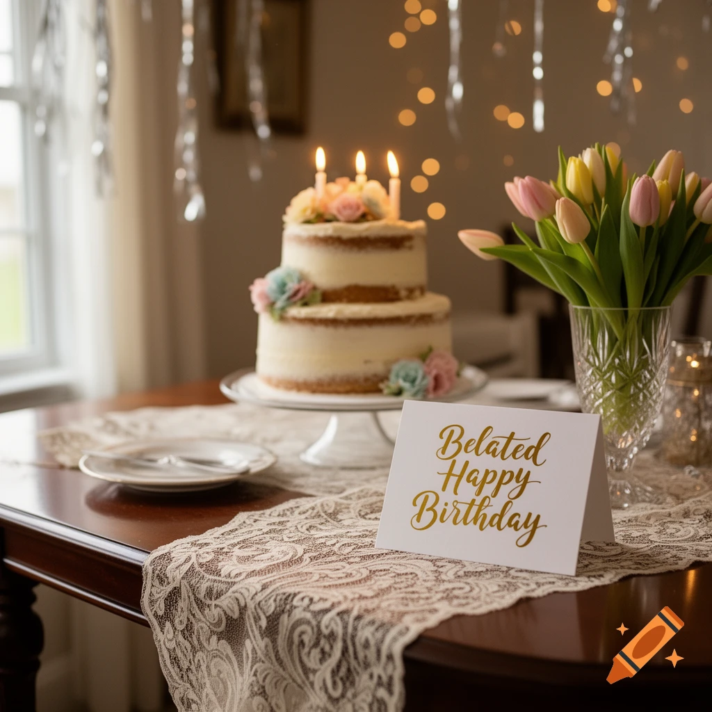 A two-tier birthday cake with lit candles and flowers, a vase of tulips, and a 'Belated Happy Birthday' card on a lace-covered table.