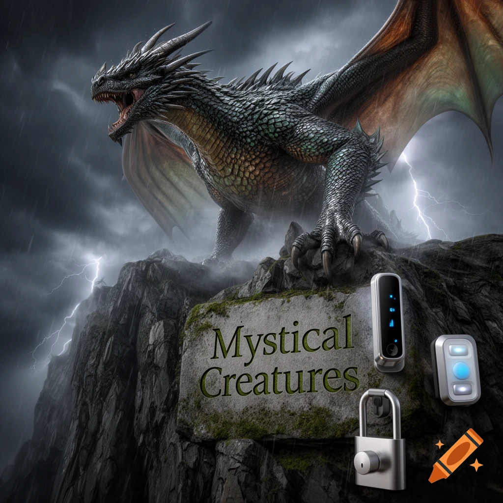 A photorealistic image of a majestic green dragon on a stormy cliff with lightning. A stone tablet reads 'Mystical Creatures', with modern smart sensors and a padlock next to it.