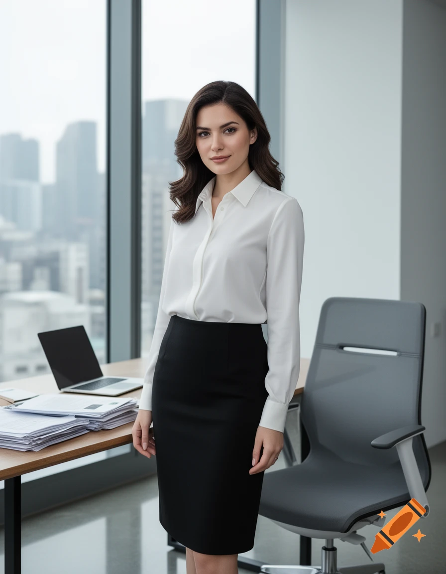 A businesswoman in a white shirt and black skirt stands in a modern office with a city view.