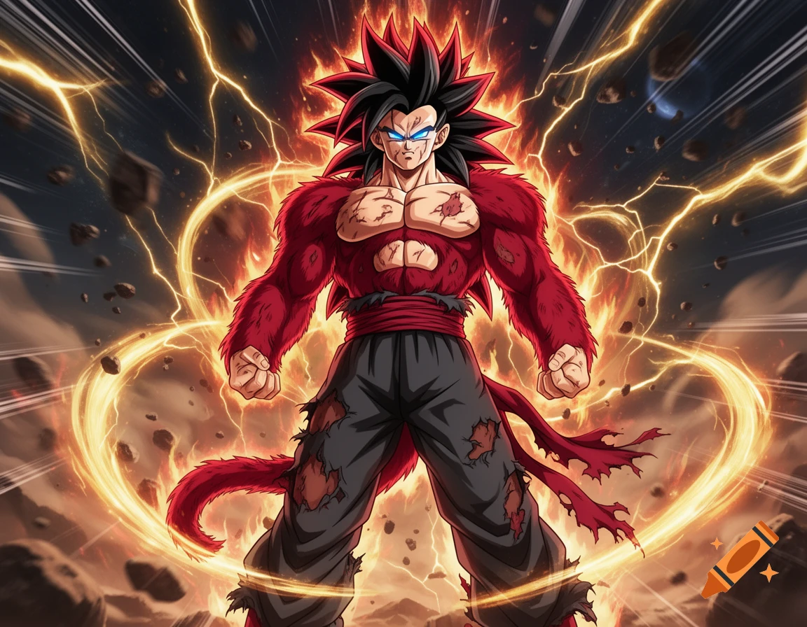 Powerful anime character in Super Saiyan 4 form, with red fur, spiky black hair, and glowing blue eyes amidst lightning and fire.