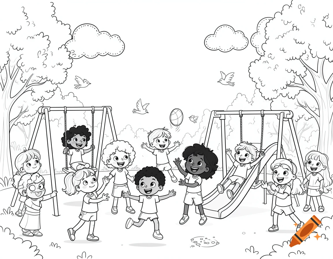 Black and white outline drawing of diverse children playing happily in a park playground with swings and a slide, ready for coloring.