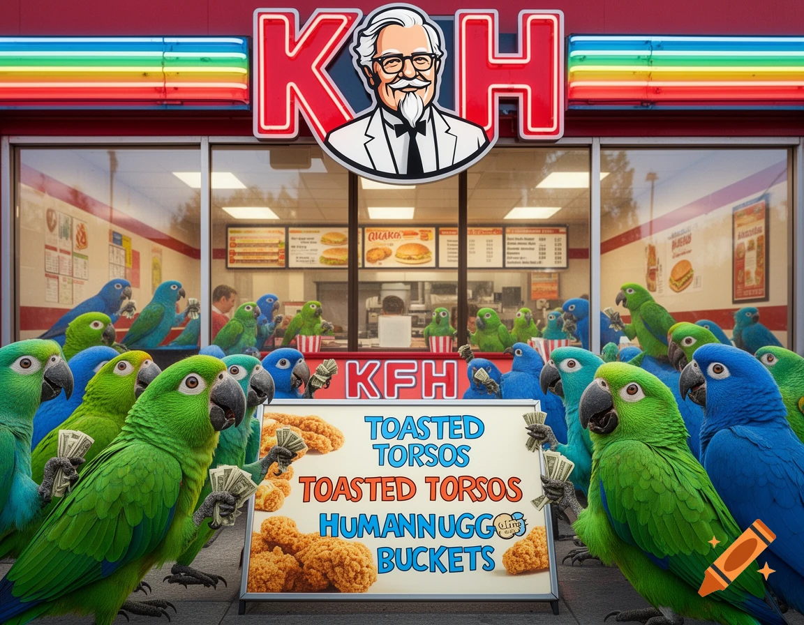 Green and blue parrots wait in line outside a KFH restaurant, with some holding money, under a sign advertising "Toasted Torsos" and "HumanNugg Buckets".