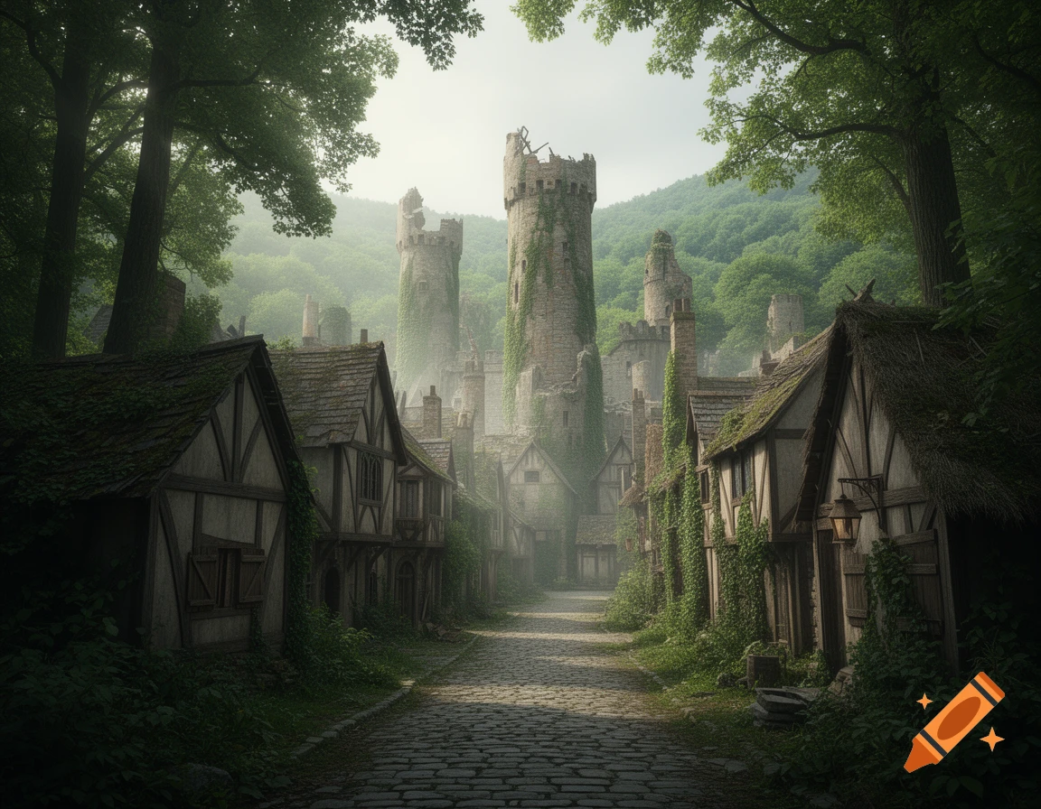 A mystical, overgrown medieval town with half-timbered houses and ruined castle towers along a cobblestone path in a misty forest.