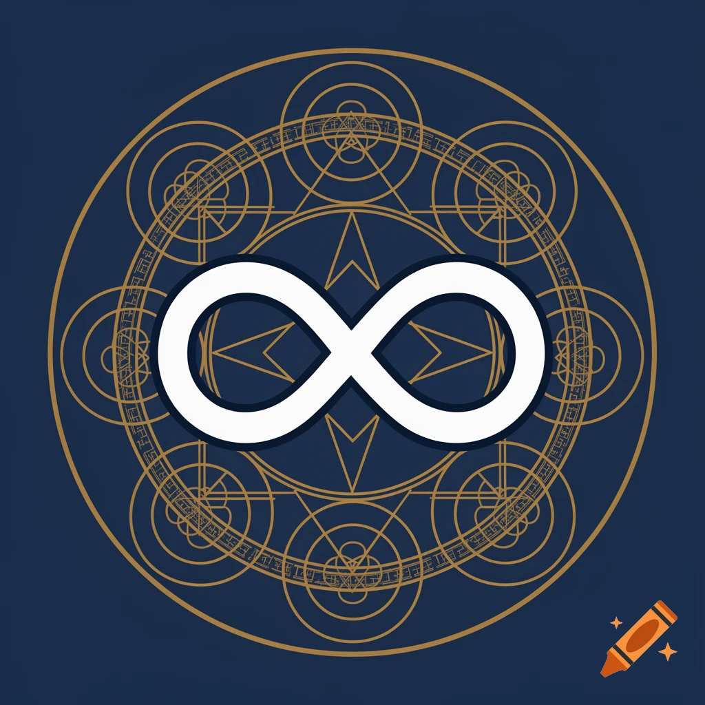 White infinity symbol centered on a dark blue background with intricate gold sacred geometry patterns
