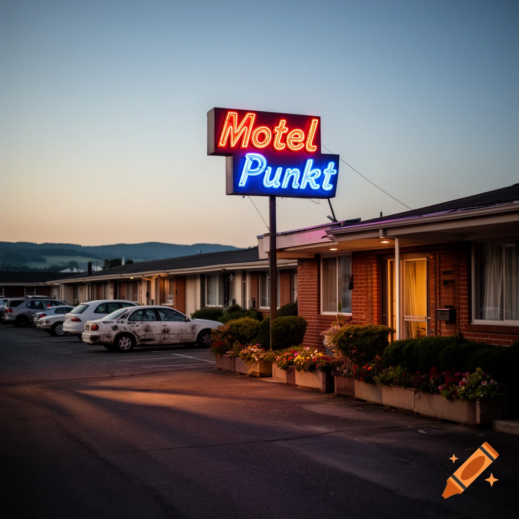 Photorealistic image of a motel at dusk with a neon sign reading 'Motel Punkt', cars in the parking lot, and mountains.