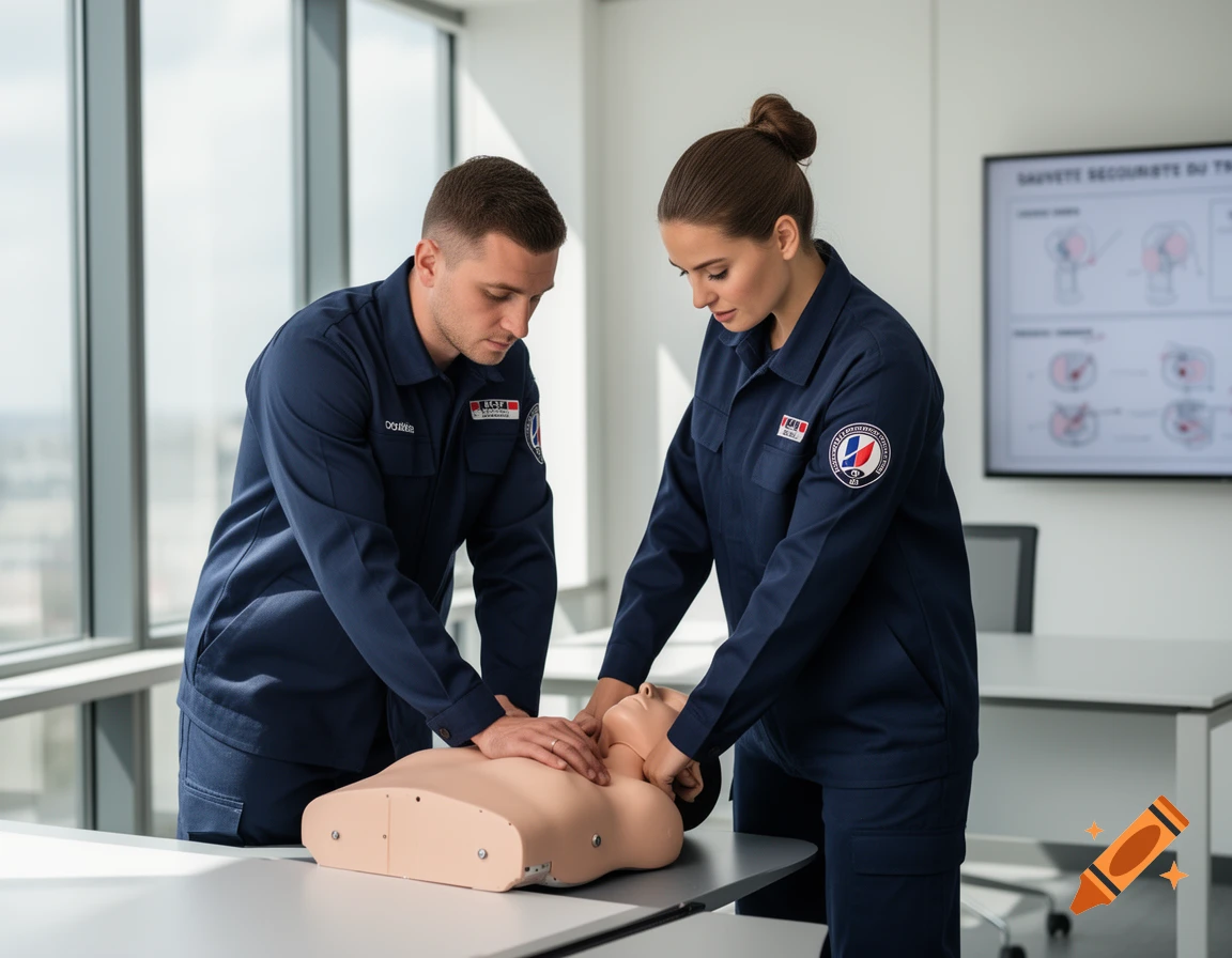 A man and a woman in navy blue uniforms practice CPR on a medical dummy in a bright, modern training room with large windows and a screen showing first aid diagrams.