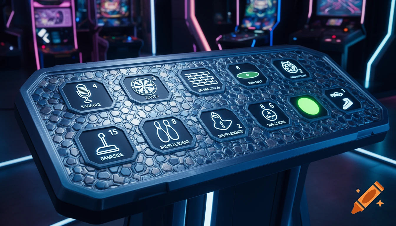 A futuristic 3D-printed control panel for an arcade with backlit icons for games like karaoke, darts, mini-golf, and simulators, set in a premium arcade environment.