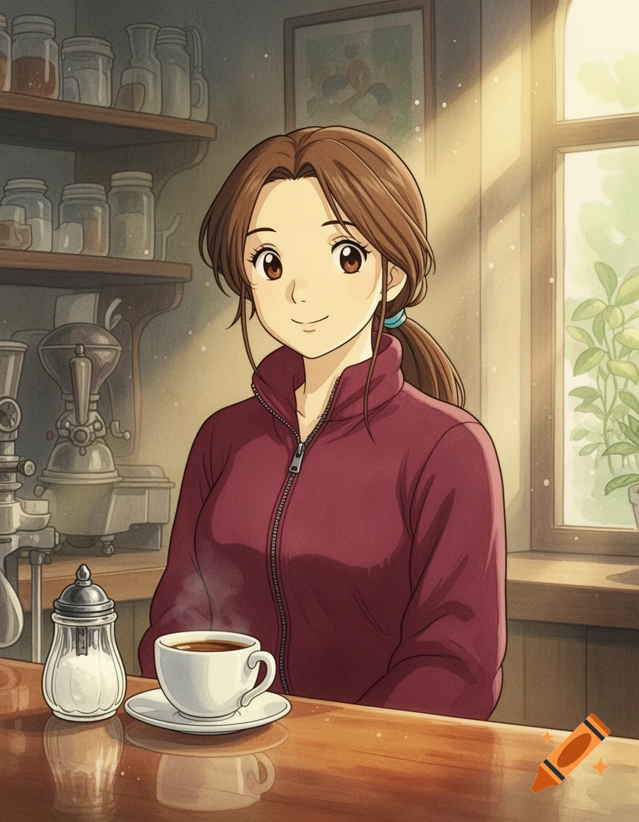 Anime-style barista with brown hair in a burgundy fleece smiles behind a cafe counter with a coffee cup and sugar dispenser, in a Studio Ghibli aesthetic.