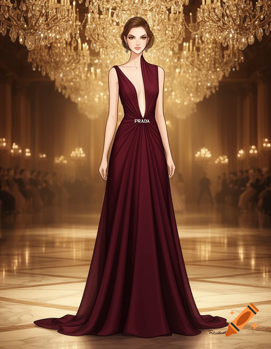 An elegant woman in a deep red Prada gown with a plunging neckline stands in a lavish ballroom under sparkling chandeliers.