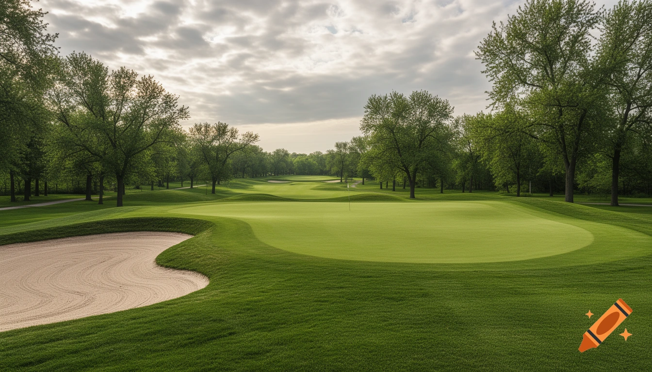 Lush green golf course with a large putting green, sand trap, and fairway lined by trees under a cloudy sky.
