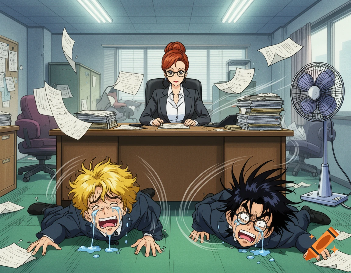 Anime style office scene with a female manager at a desk looking sternly at two male employees crying on the floor.