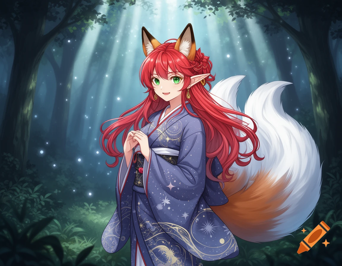 Smiling anime half-elf half-kitsune woman with red hair, fox ears, and a large tail, wearing a blue kimono in a magical forest.