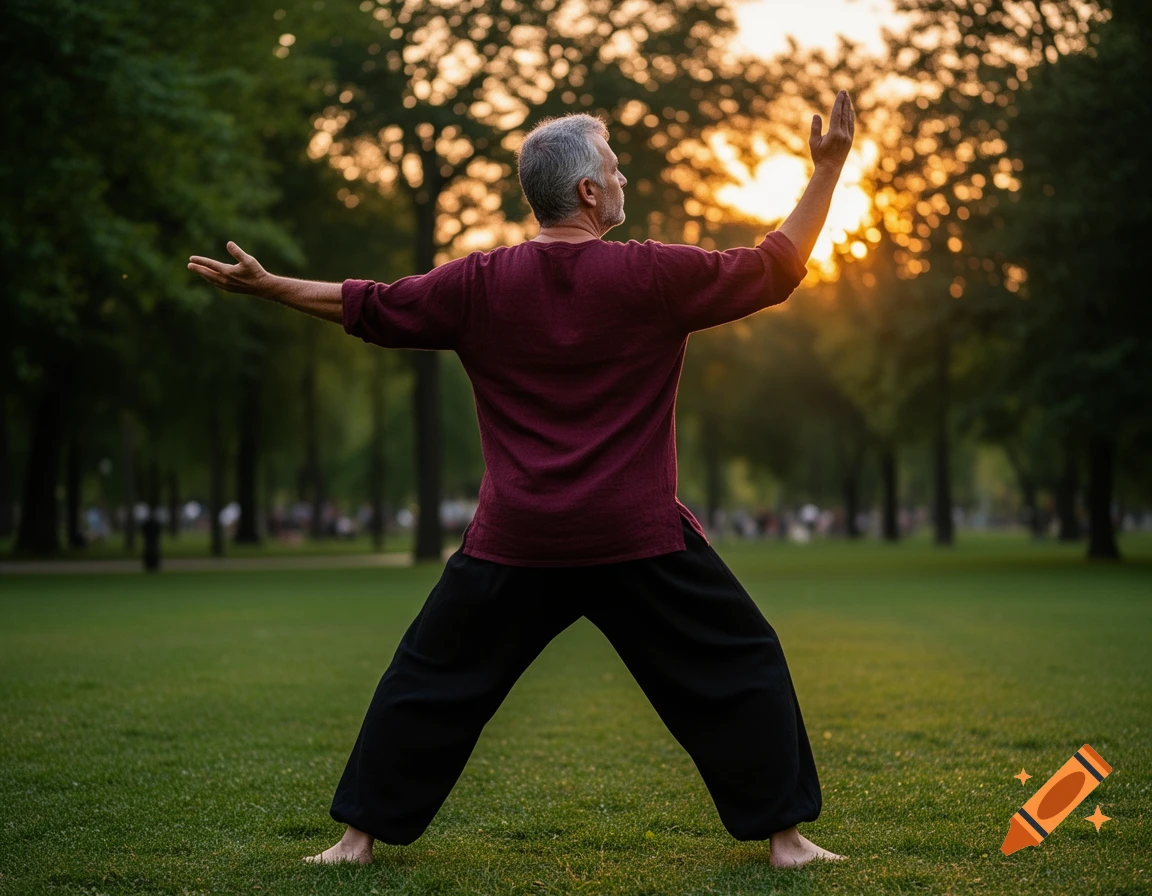 A gray-haired man from behind, barefoot in a burgundy shirt and black pants, practices Qi Gong in a park at sunset.