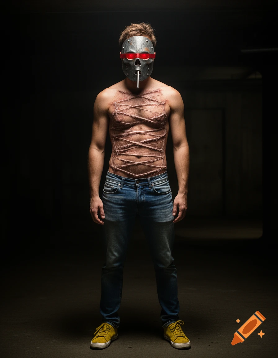 A shirtless man with scar-like body makeup and a skull-like metal mask with red eyes, wearing blue jeans and yellow sneakers, stands in a dark setting.