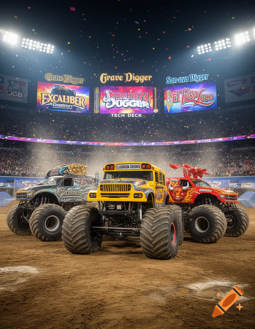 Three monster trucks, including a yellow school bus, an 'Excaliber' truck, and an 'El Toro Loco' truck, in a dirt arena under stadium lights with confetti and jumbotrons.