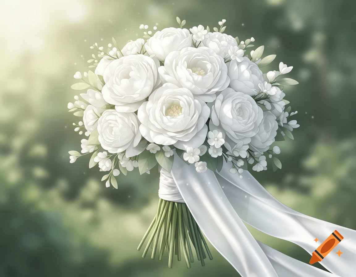 A beautiful white floral bouquet with a flowing white ribbon and green stems, set against a soft, sunny green background.