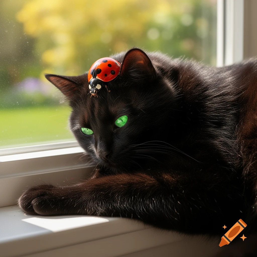 A photorealistic black cat with glowing green eyes rests on a windowsill, a red ladybug on its head.