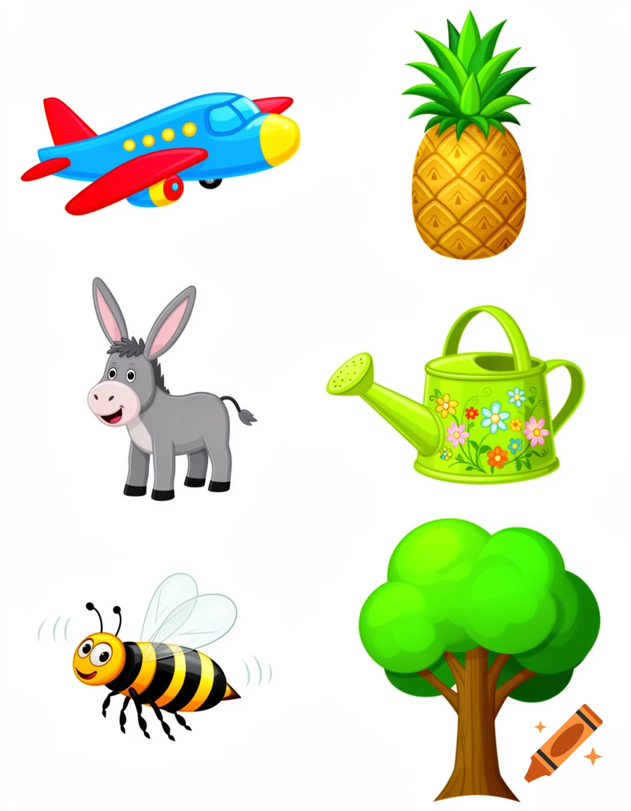 A grid of six colorful cartoon illustrations: an airplane, a pineapple, a donkey, a watering can, a bee, and a tree, all on a white background.