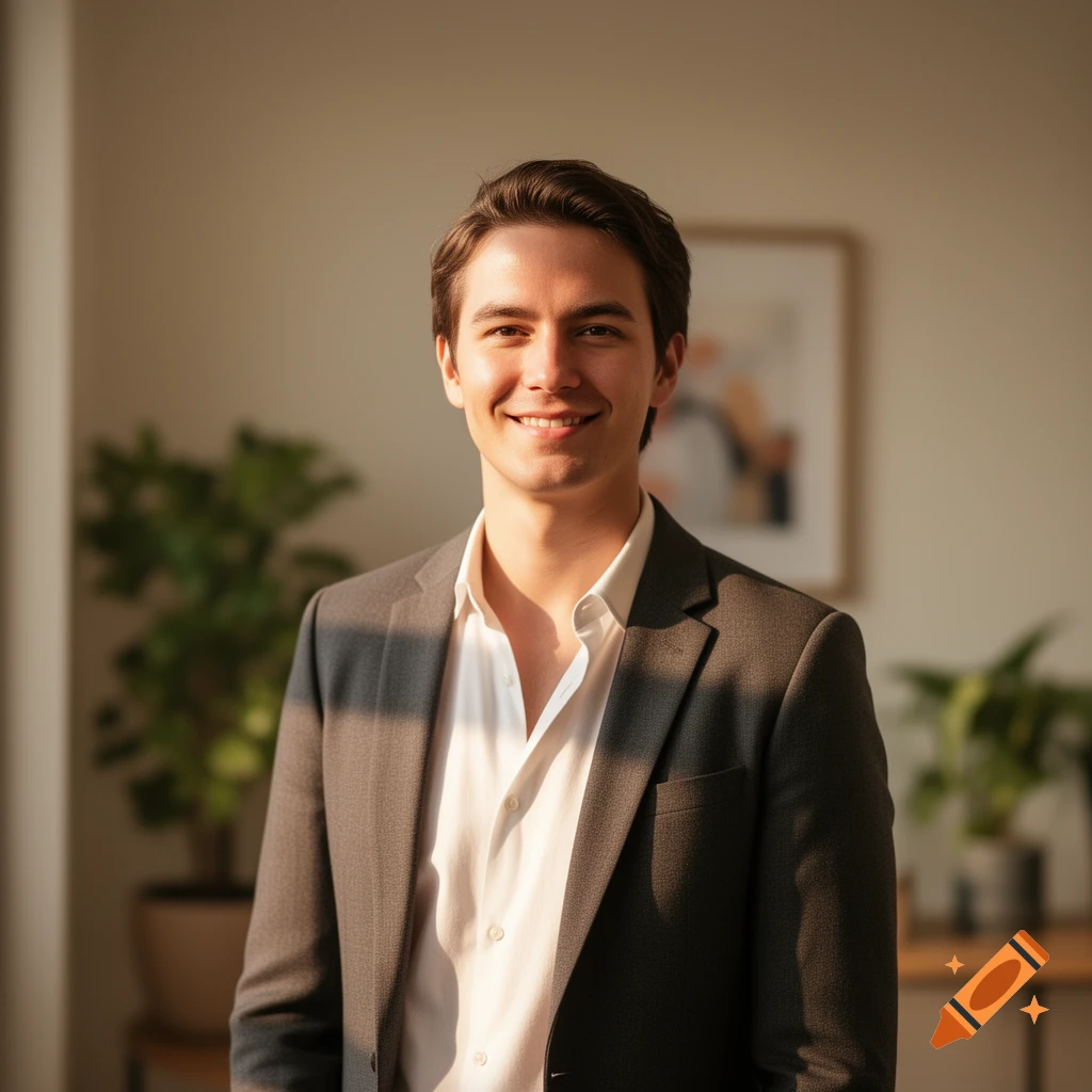 A smiling young man in a grey suit and white shirt, posing for a photorealistic portrait in a softly lit room.