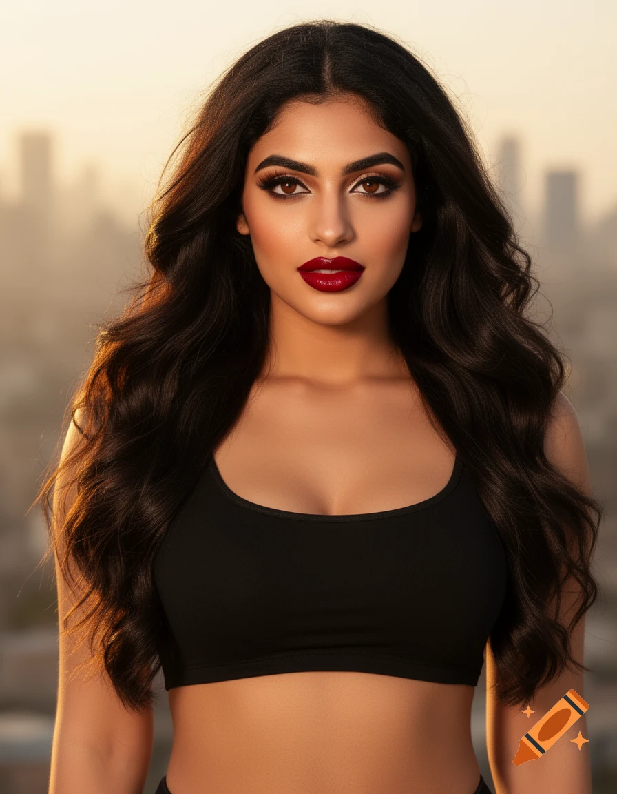 Photorealistic portrait of a woman with long dark hair, heavy makeup, red lips, and a black sports bra, with a city skyline at sunset.