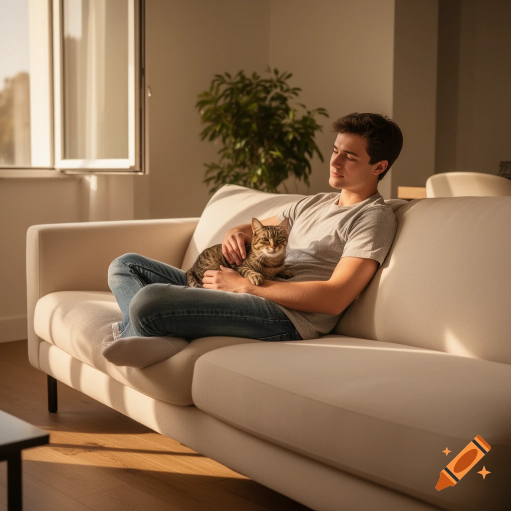 A young man relaxes on a sofa, gently stroking a tabby cat on his lap, bathed in warm sunlight.