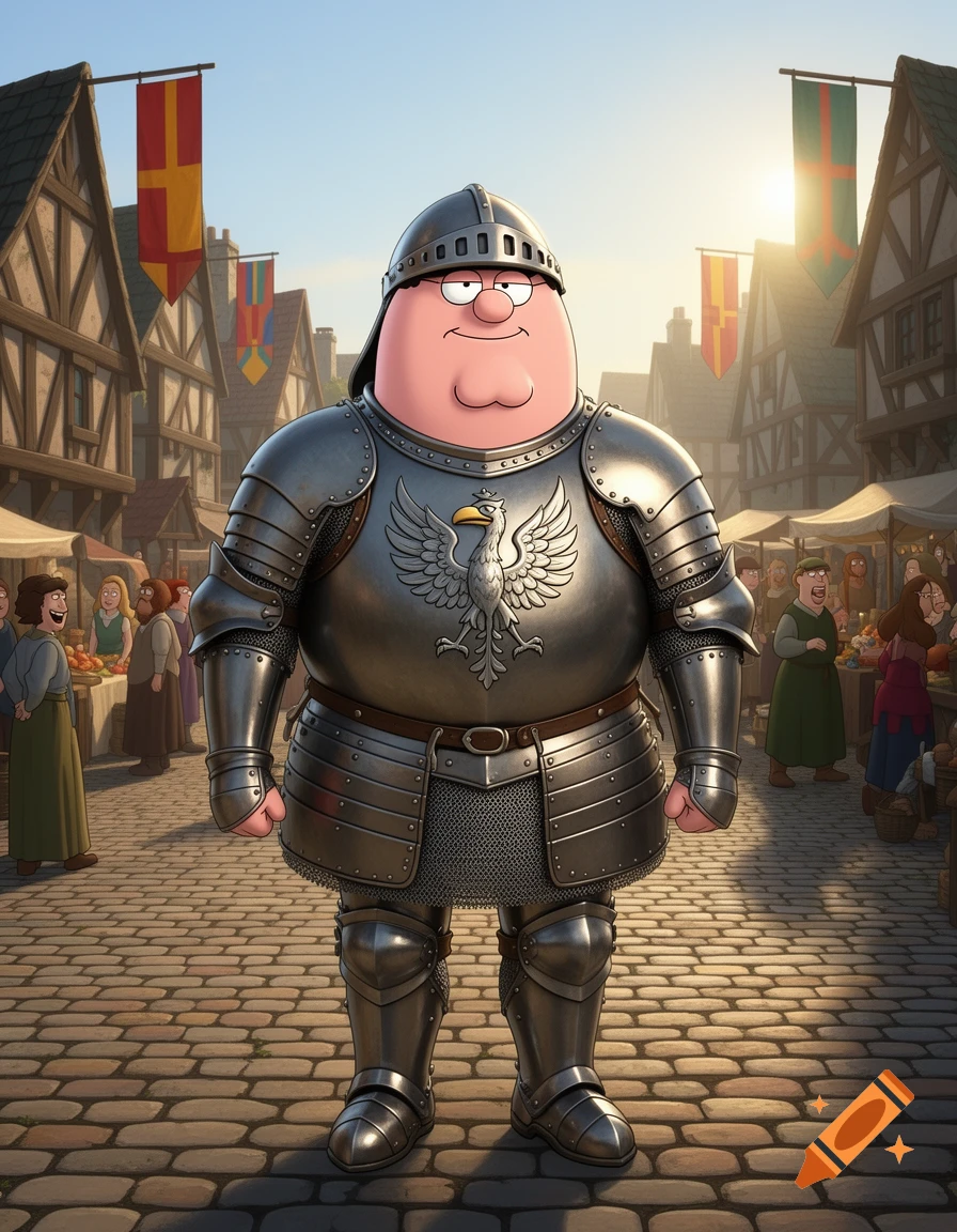 Peter Griffin, from Family Guy, dressed in full shiny medieval knight armor, stands in a bustling market square.