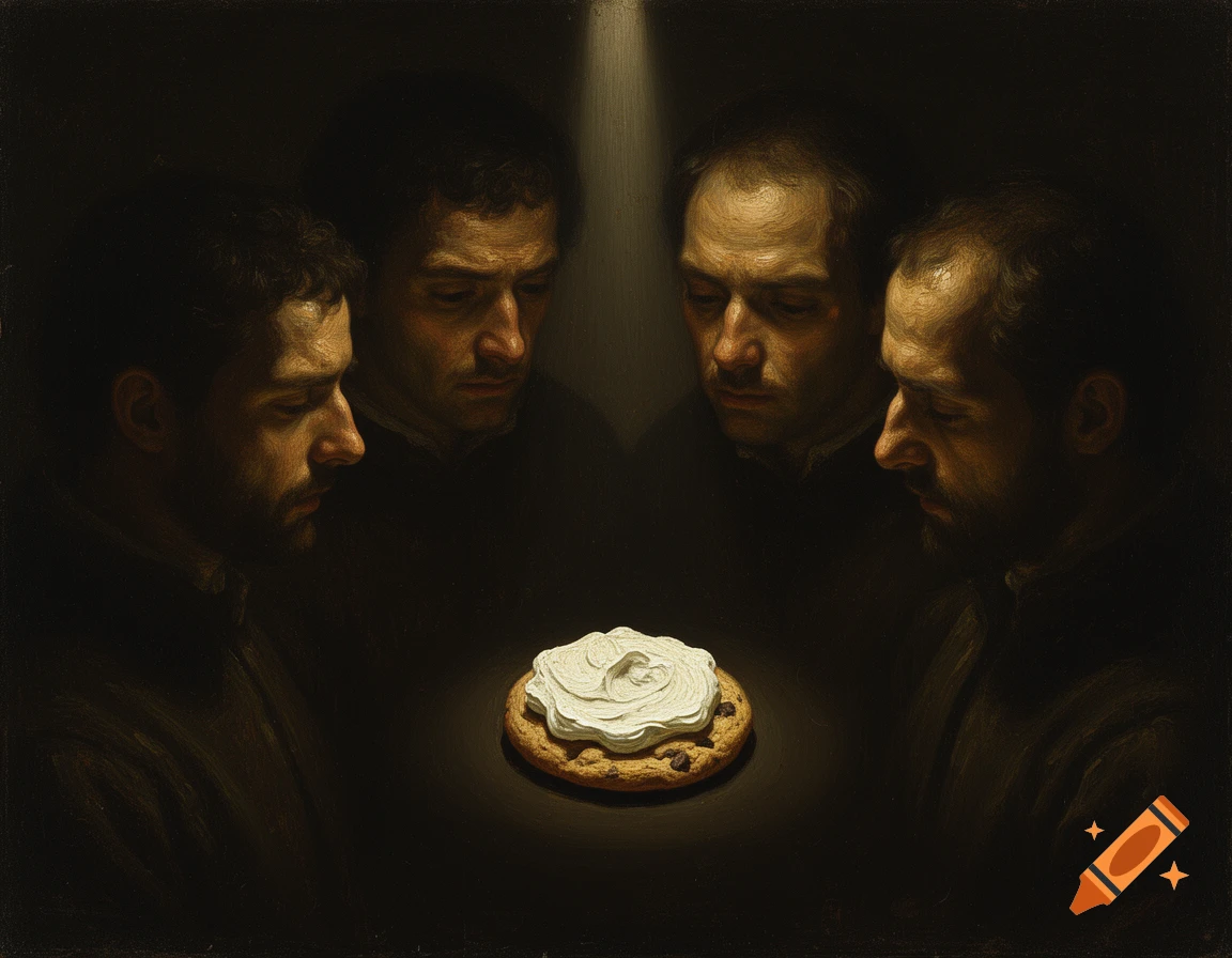 Four men in a dramatic chiaroscuro oil painting in the style of Rembrandt or Caravaggio gaze at a cream-covered cookie.