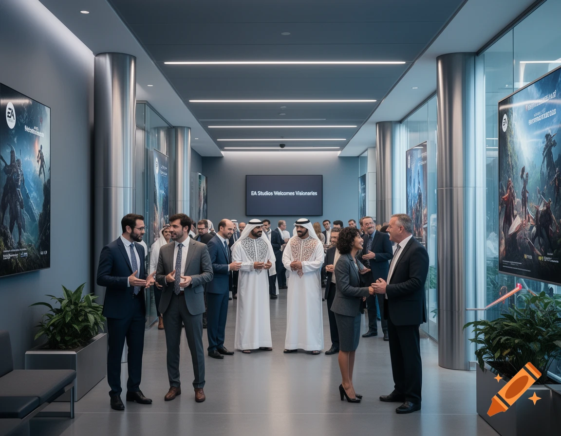 Business executives and men in traditional Arabic attire mingle in a modern EA Studios corridor with video game posters and a welcoming message on a screen.