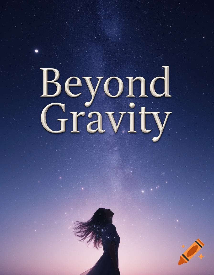 A book cover titled "Beyond Gravity" showing a woman's silhouette looking up at a vibrant starry night sky.