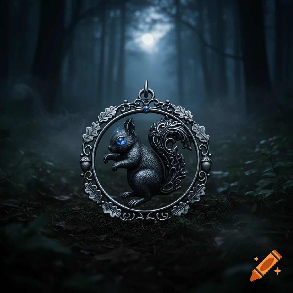 A dark fantasy silver medallion featuring a squirrel with glowing blue eyes, set against a misty forest background with a full moon.