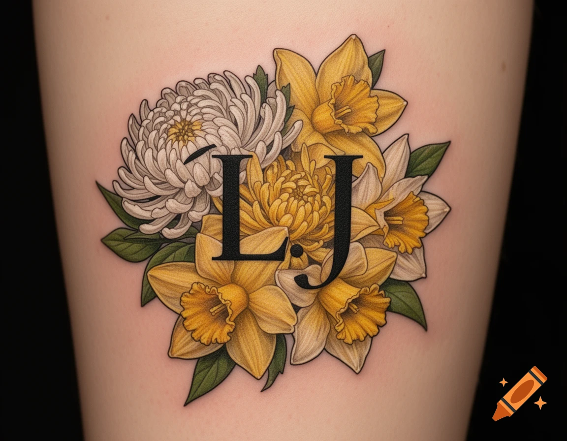 A tattoo of white chrysanthemums and yellow daffodils, with black letters 'L' and 'J' nestled within the flowers, on light skin.
