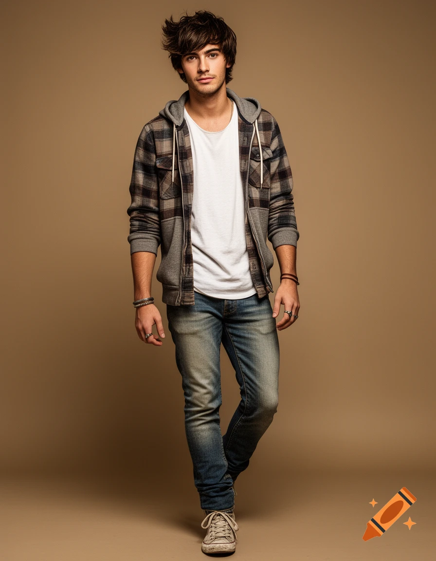 A young man with messy dark hair and a casual outfit of plaid flannel, white tee, grey hoodie, faded jeans, and worn sneakers stands against a plain brown background.